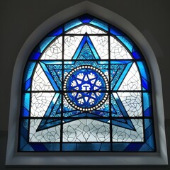 A stained glass window in a Singapore synagogue features a Star of David in blue and white glass as an architectural feature. Generative AI