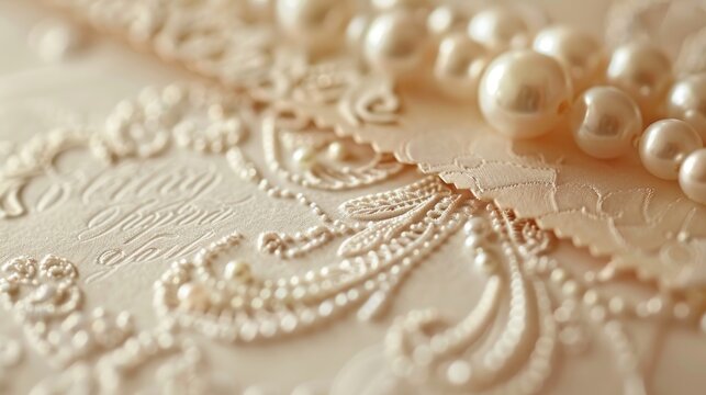 Elegant close-up of an embossed wedding invitation card with lace detail and pearl necklace. Perfect for invitations and wedding stationery designs.