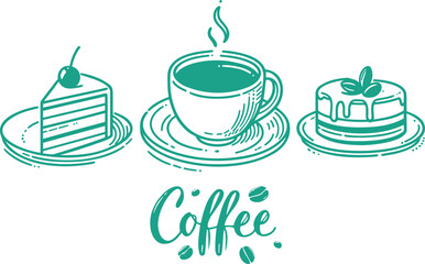 cup of hot drink between round cake and piece of cake simple vector sketch drawing