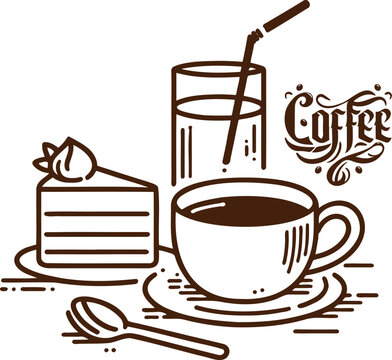 recommend clip art: a piece of cake near a cup of coffee and a glass of juice with a straw simple vector sketch drawing