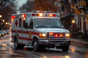 Ambulance Driving on Wet Street at Dusk in a Residential Area