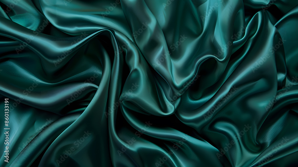 Aufkleber Dark teal green silk satin Shiny smooth fabric Soft folds Luxury background with space for design web banner Flat lay top view table Birthday Christmas Valentine New year : Generative AI