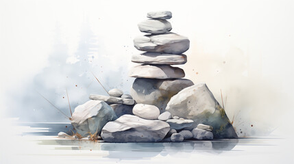 Watercolor painting of White stones stacked peacefully in calm water, surrounded by beautiful and simple nature.