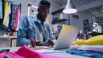 African American fashion designer creates clothes in 3D modeling software on laptop using digital tablet and stylus He works in atelier workshop Concept of fashion and technologies in : Generative AI