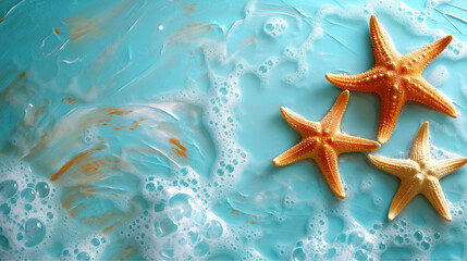 Three golden starfish rest on a bright turquoise textured surface with bubbles, evoking a sense of the seaside and marine life.