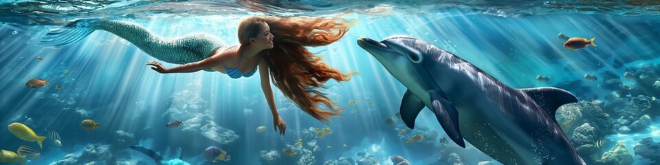 Naklejka premium In an underwater fantasy, a beautiful mermaid and her dolphin friend explore the exotic sea depths.
