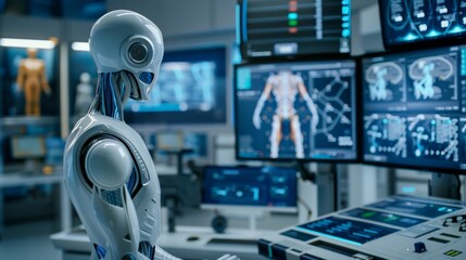 a futuristic AI-driven robotics laboratory, showcasing humanoid robots performing complex tasks