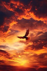 In the vibrant sunset, a majestic eagle spreads its wings, embodying freedom and strength.