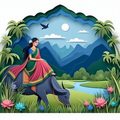 A happy Farmer with a bullock cart village mountain illustration high-quality image, Generative Ai