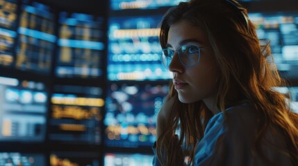 Medium Shot of Woman Working as a Developer, Surrounded by Big Screens Displaying Lines of Code in Dark Monitoring Room