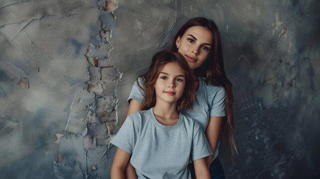 Young beautiful mom with her daughter wearing blank gray tshirt and jeans posing against rough concrete wall minimalist street fashion style family same look clothing for parent and ch : Generative AI