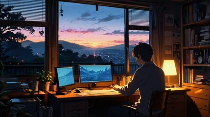 A cozy lofi student study room with a wooden desk and chair near a large window showing a serene night view.