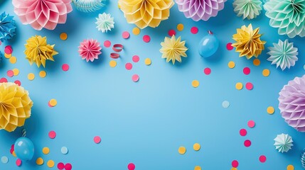 Fototapeta premium Top view of colorful party accessories on blue background with ample copy space, showcasing vibrant birthday celebration essentials. Festive decorations include balloons, streamers, hats, confetti