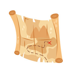 Cartoon treasure map in flat style. Pirates map. Old map. Cartoon kids illustration of card on white background.