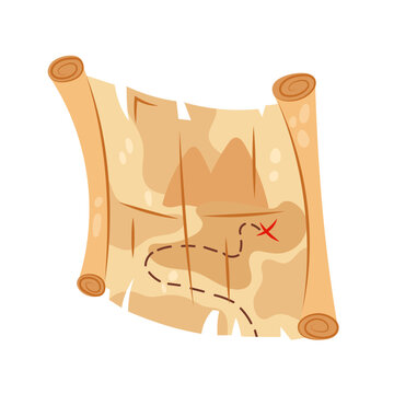Cartoon treasure map in flat style. Pirates map. Old map. Cartoon kids illustration of card on white background.