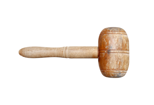 Old wooden hammer isolated on a white background. Vintage wooden mallet. Rustic wooden hammer.