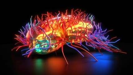 3D brain model with vibrant neon colors. Abstract image or digital artwork of human brain with multicolored or rainbow neon color glow in dark background. Neuroscience and creativity concept. AIG35.