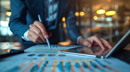 Businessman Analyzing Financial Charts and Data