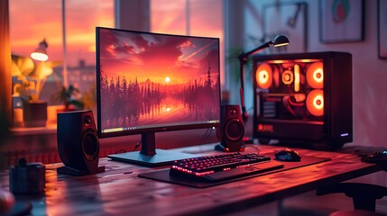 A realistic photo of a sleek, professional streaming station with a custom-built gaming PC, dual curved monitors, and a mechanical keyboard with custom keycaps.