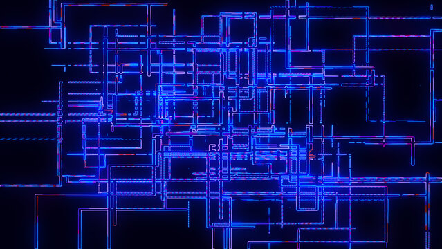 Abstract colored lines on a dark background. Growing public transport network. Colorful metro diagram, railway transport map on a dark background. Pipeline diagram.