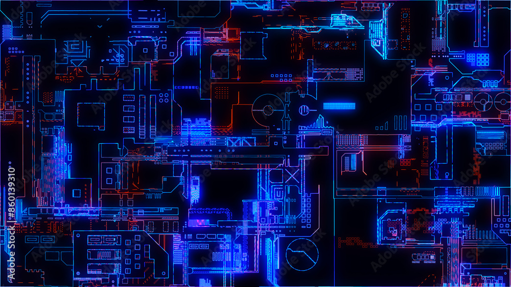 Poster printed circuit board. visualization of advanced technology concept: pcb processor microchip, digiti