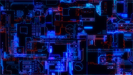 Printed circuit board. Visualization of advanced technology concept: PCB processor microchip, digitization of neural networks and cloud computing. Digital lines transmit data. 