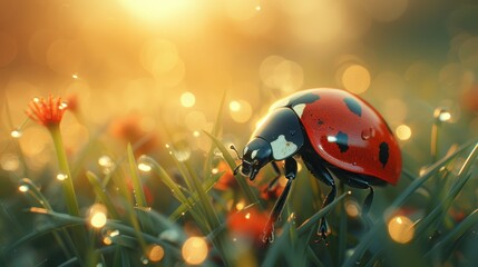 A close-up shot of a vibrant ladybug resting on dewy grass with light bokeh background, showcasing the beauty and detail of nature in the morning.