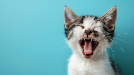 Obraz premium Cute Cat. Close-up. Isolated against a vibrant blue background. Kitty. Feline. Pet. 