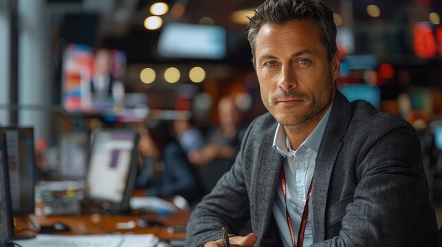 A man wearing a grey jacket is seated at his desk in a busy office, intently focused on various tasks, embodying the essence of dedication and productivity.