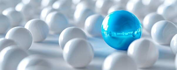 A unique blue sphere standing out among white spheres, representing individuality and uniqueness