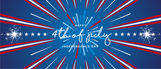 Fototapeta premium 4th of July handwritten typography. Happy USA independence day with stars and blue white red glitter firework on blue background