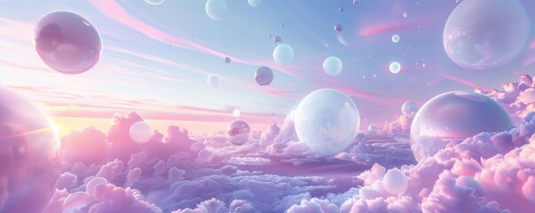 Surreal digital art of floating bubbles in a dreamy pastel sky with clouds at sunset