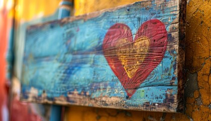 Fototapeta premium Rustic Wooden Heart Sign with Vibrant Blue and Yellow Background