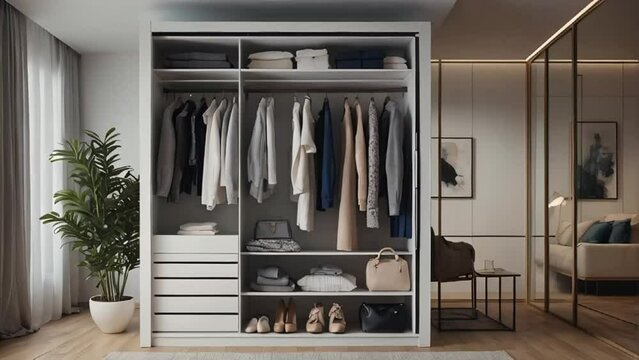 Open wardrobe with clothes in the room