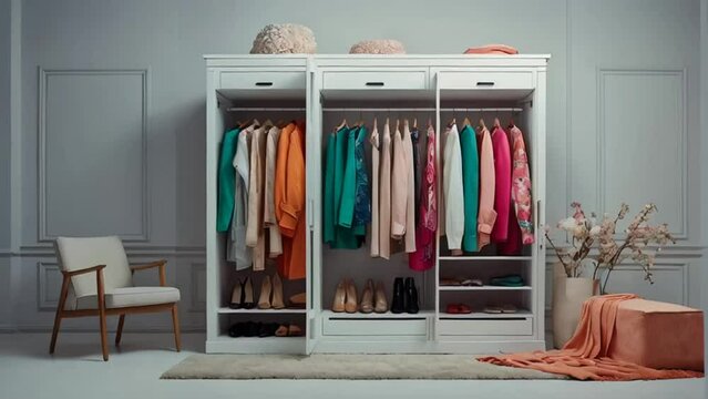 Open wardrobe with clothes in the room
