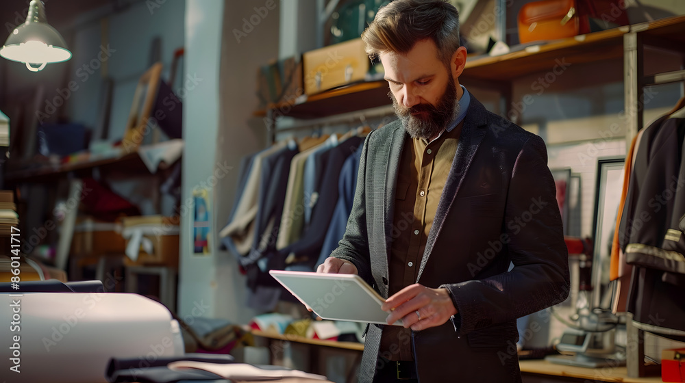 Poster fashion designer tailor and textile workshop employee browsing and looking at a design on a tablet i