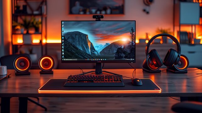 A realistic photo of a tech-savvy desk setup with a powerful gaming laptop, professional headphones, and a high-performance gaming mouse.