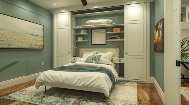 A bedroom with a Murphy bed folded up against the wall, optimizing space in a small room