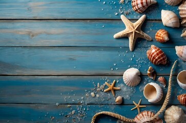 sea shells and starfish on a blue wooden background