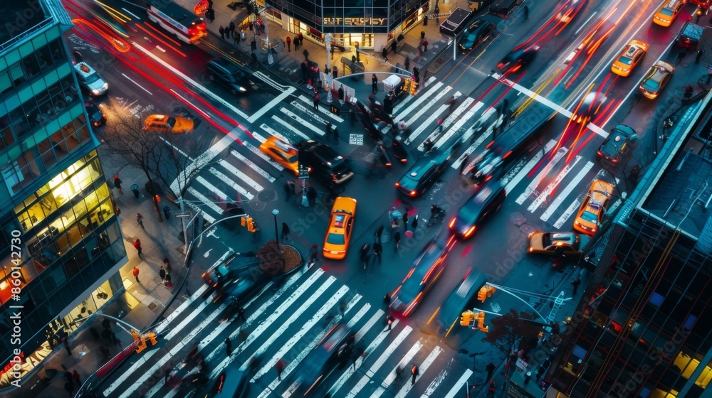 Poster a busy intersection with traffic lights and pedestrian crossings, causing delays