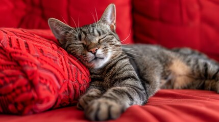 Cute Cozy Cat. Close-up of cat sleeping an bed or couch with blanket. Cozy, cuddling cat. Kitty. Feline. Pet.
