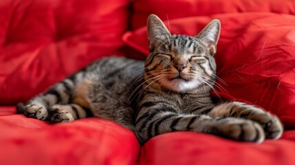 Cute Cozy Cat. Close-up of cat sleeping an bed or couch with blanket. Cozy, cuddling cat. Kitty. Feline. Pet.