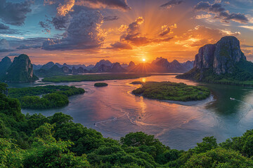 A panoramic view of the lush greenery and rocky islands under an enchanting sunset