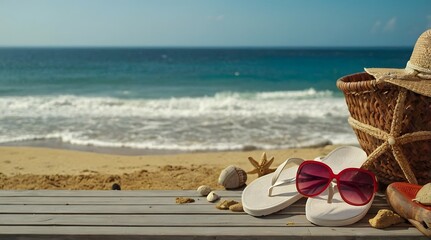 summer vacation concept with beach hat, sandals and sunglasses on wooden boardwalk