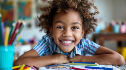 A child proudly displaying their colored pencil drawing with a big smile