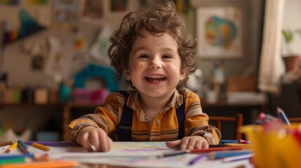 Fototapeta premium A child with a messy coloring area, crayons and papers scattered everywhere, but with a big smile