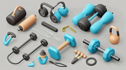 Realistic fitness composition. 3D sports objects, flying objects, exercise equipment, dumbbells and kettlebells, gym accessories, yoga training gear, and an isolated, completely vector concept