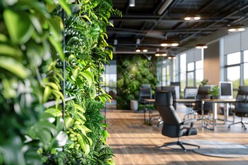 Eco-friendly office environment with living green wall, natural light.