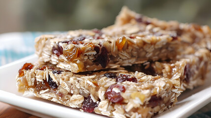 A plate of nutritious fast food breakfast bars with a variety of oats, nuts, and dried fruits