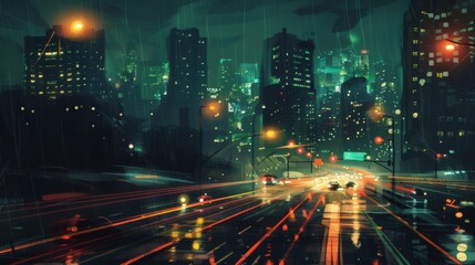 A cityscape at night with illuminated traffic lights and streaks of car headlights